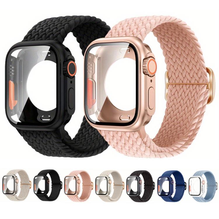 For Apple Watch Series 10 / 11 42mm Ladder Buckle Loop Nylon Watch Band with Change to Ultra 49mm Film PC Cover