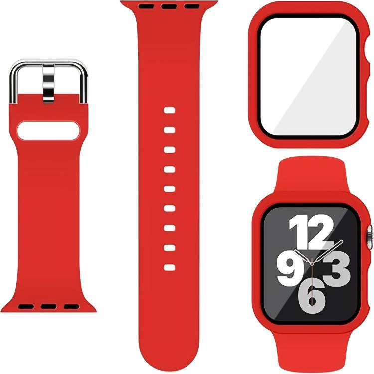 For Apple Watch Series 10 / 11 42mm Pin Buckle Silicone Watch Band with Film Integrated PC Case
