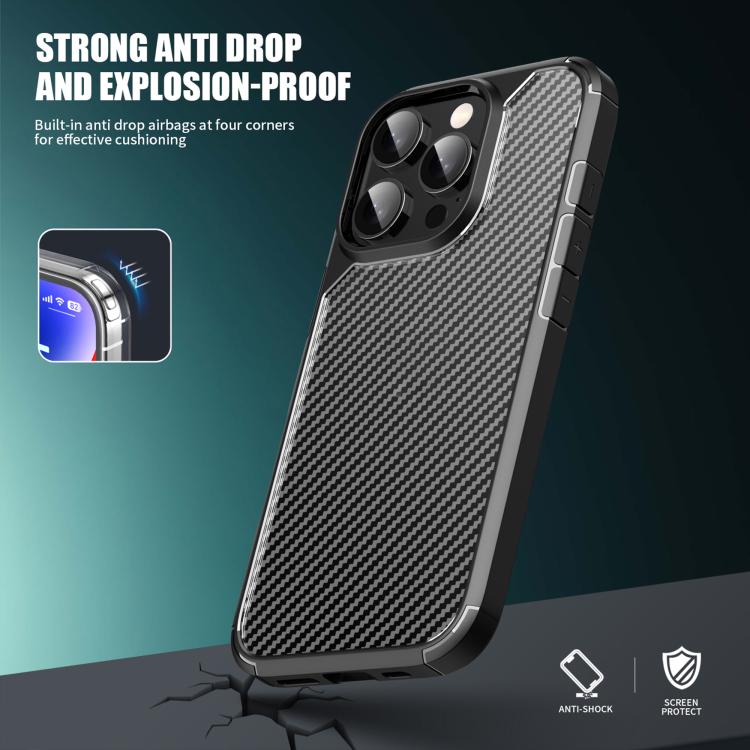 For iPhone 16 iPAKY Pioneer Series Carbon Fiber PC+TPU Phone Case - Black