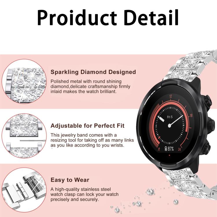 For Suunto 9 / 9 Baro / D5 / Core / 7 22mm xDfind Diamond Jewelry Stainless Steel Watch Band