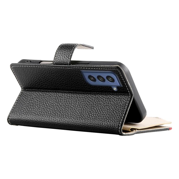 For Samsung Galaxy S21 FE 5G Stitching Multi-card Zipper Wallet Leather Phone Case with Short Strap