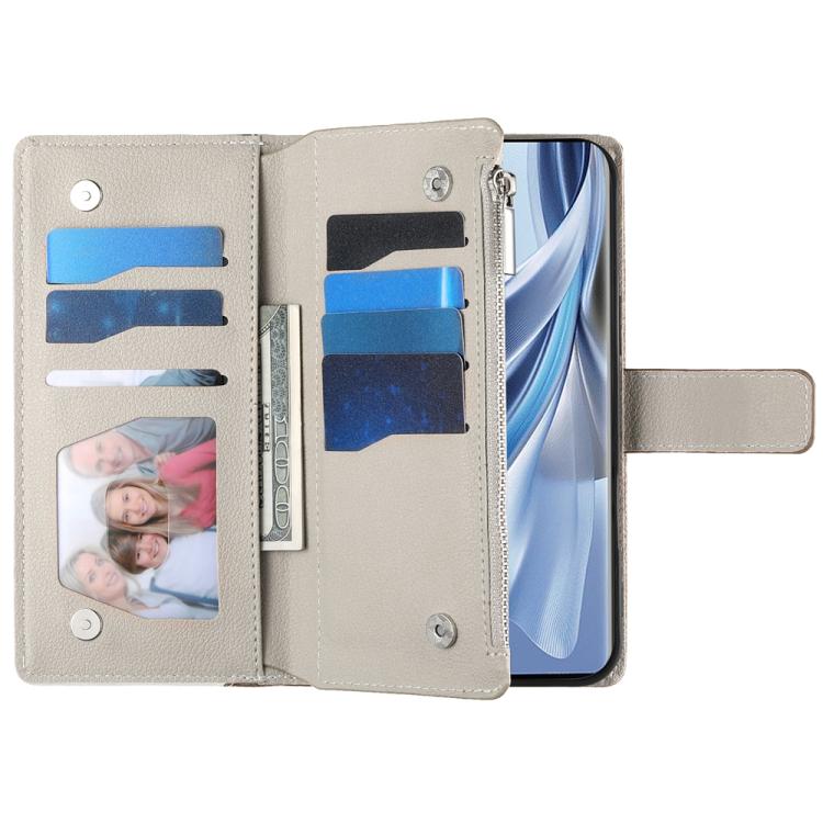 For Realme 11 4G Stitching Multi-card Zipper Wallet Leather Phone Case with Short Strap