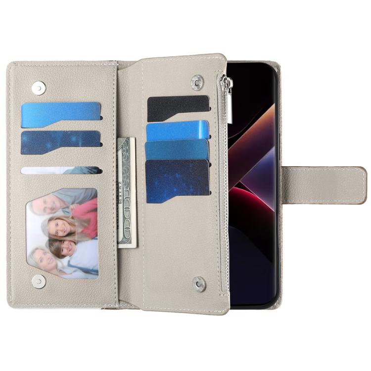 For Xiaomi 14T Stitching Multi-card Zipper Wallet Leather Phone Case with Short Strap