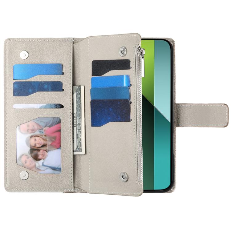 For Redmi Note 13 5G Global Stitching Multi-card Zipper Wallet Leather Phone Case with Short Strap