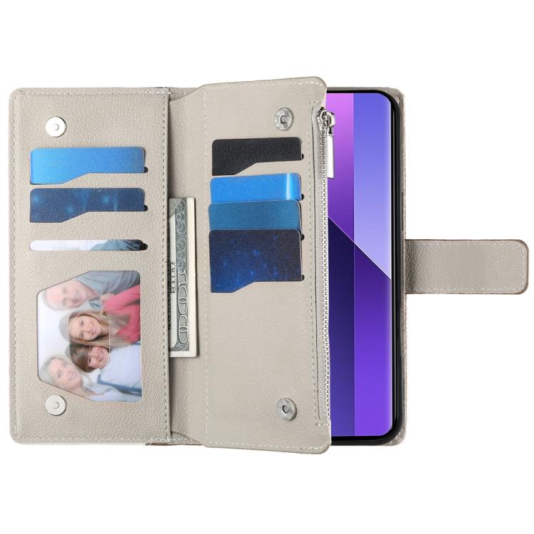 For Redmi Note 13 Pro 4G / Poco M6 Pro Stitching Multi-card Zipper Wallet Leather Phone Case with Short Strap
