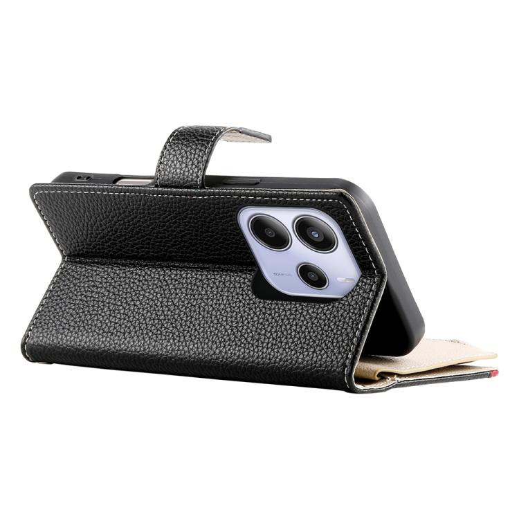 For Redmi Note 14 4G 163.25mm Stitching Multi-card Zipper Wallet Leather Phone Case with Short Strap