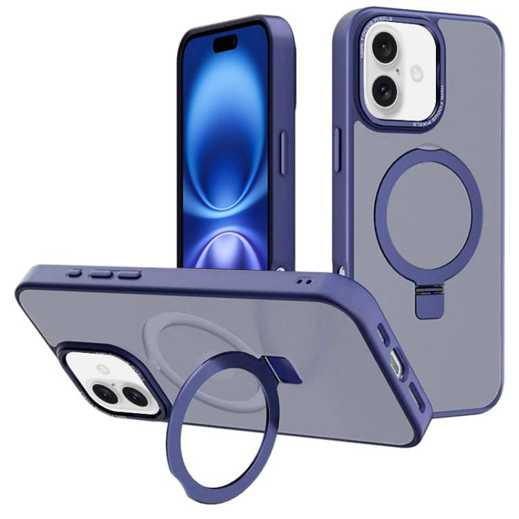 For iPhone 16 Plus Kalebol Metal Lens Frame MagSafe Holder Frosted PC Phone Case