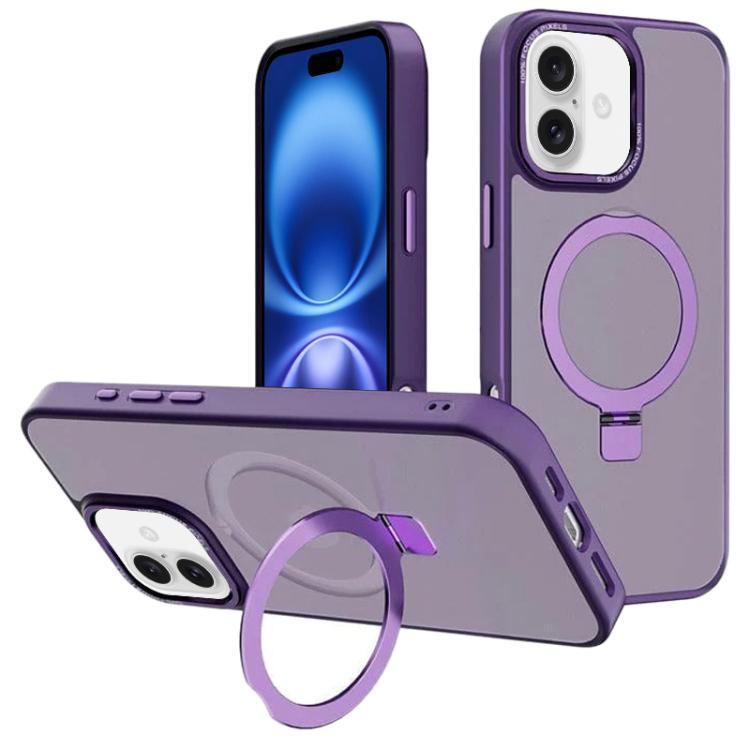 For iPhone 16 Plus Kalebol Metal Lens Frame MagSafe Holder Frosted PC Phone Case