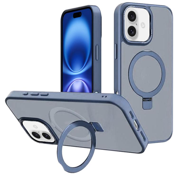 For iPhone 16 Plus Kalebol Metal Lens Frame MagSafe Holder Frosted PC Phone Case