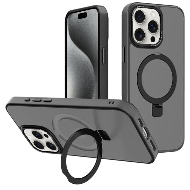 For iPhone 15 Pro Kalebol Metal Lens Frame MagSafe Holder Frosted PC Phone Case