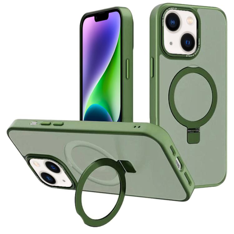 For iPhone 14 Kalebol Metal Lens Frame MagSafe Holder Frosted PC Phone Case