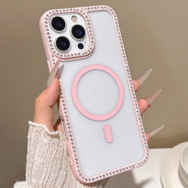 For iPhone 16 Pro Max Large Lens Hole Rhinestone Frame MagSafe Phone Case