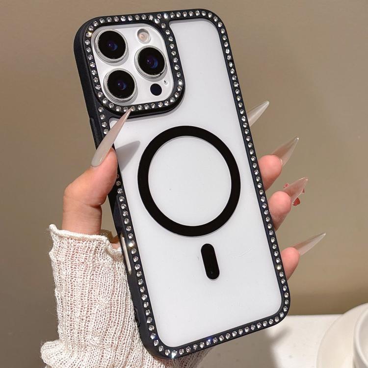 For iPhone 16 Pro Large Lens Hole Rhinestone Frame MagSafe Phone Case