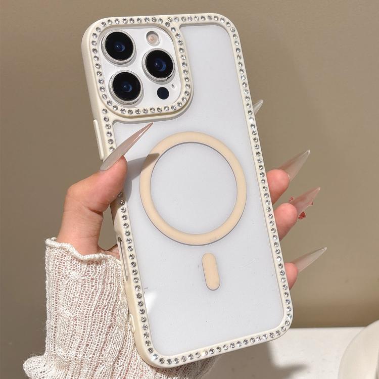 For iPhone 16 Pro Large Lens Hole Rhinestone Frame MagSafe Phone Case