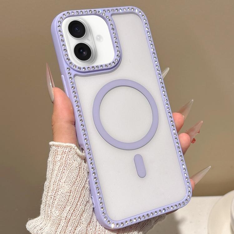For iPhone 16 Plus Large Lens Hole Rhinestone Frame MagSafe Phone Case