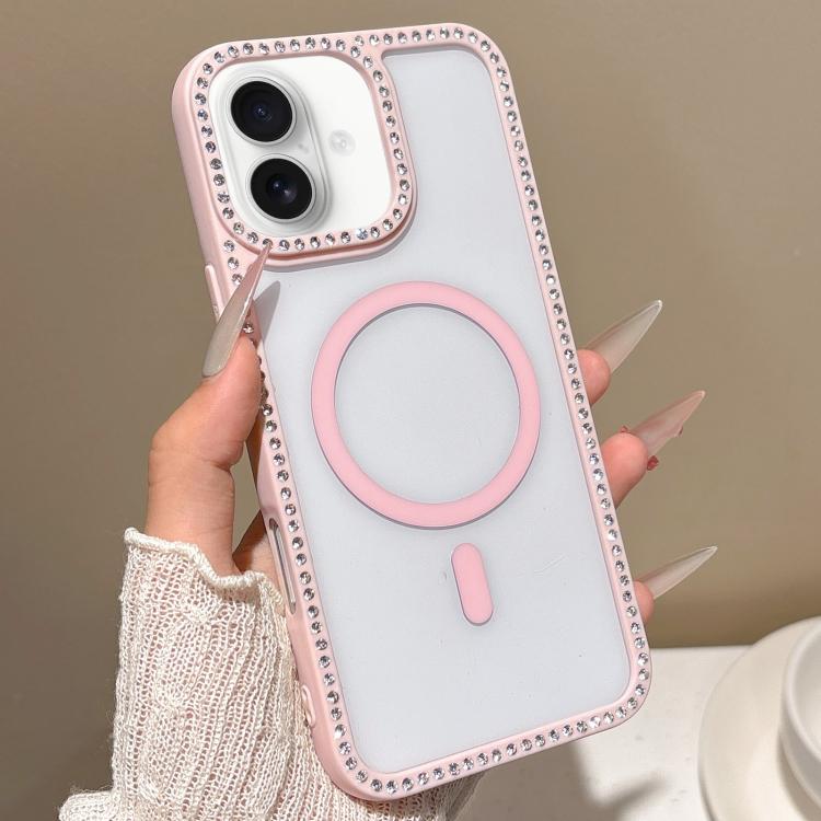 For iPhone 16 Large Lens Hole Rhinestone Frame MagSafe Phone Case