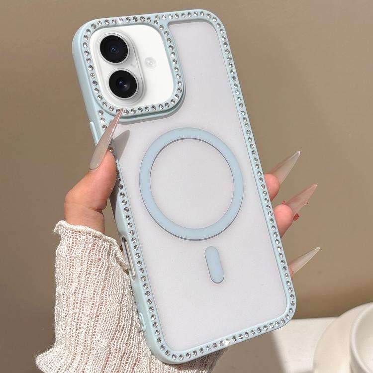 For iPhone 16 Large Lens Hole Rhinestone Frame MagSafe Phone Case
