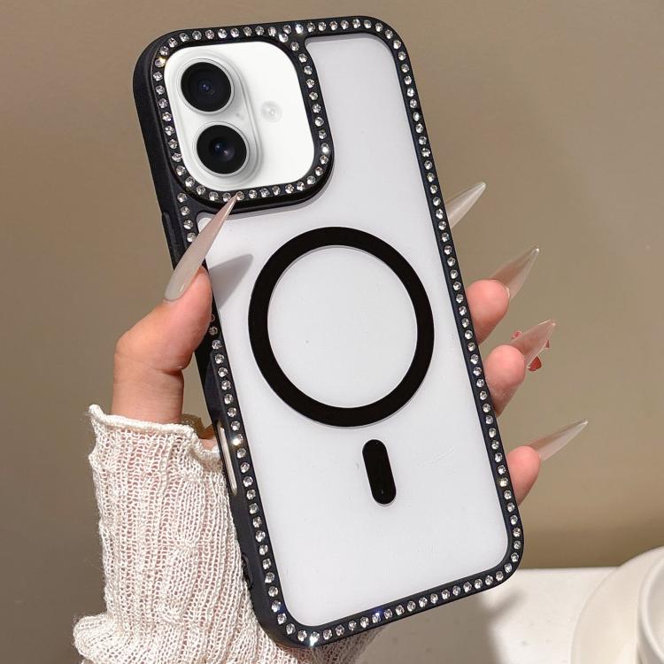 For iPhone 16 Large Lens Hole Rhinestone Frame MagSafe Phone Case