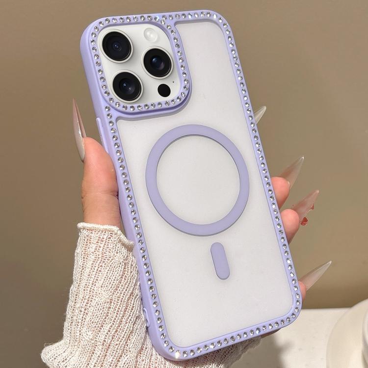 For iPhone 15 Pro Max Large Lens Hole Rhinestone Frame MagSafe Phone Case