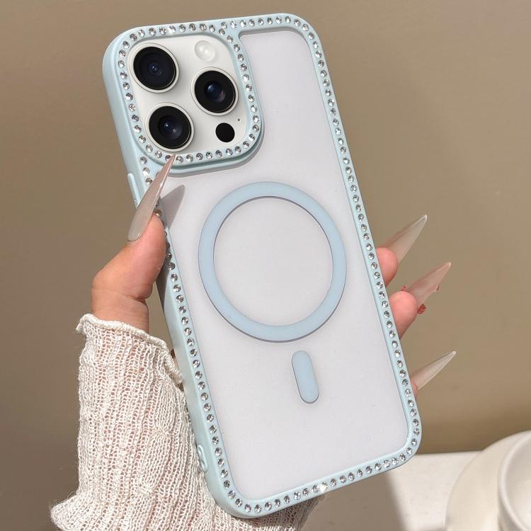 For iPhone 15 Pro Large Lens Hole Rhinestone Frame MagSafe Phone Case