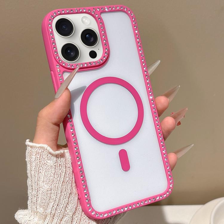 For iPhone 15 Pro Large Lens Hole Rhinestone Frame MagSafe Phone Case