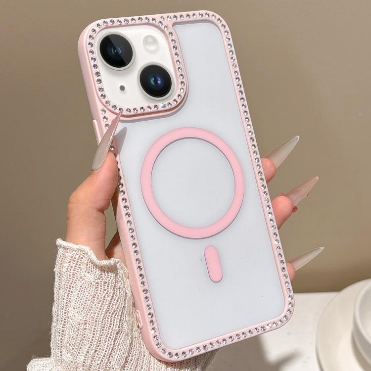 For iPhone 15 Large Lens Hole Rhinestone Frame MagSafe Phone Case