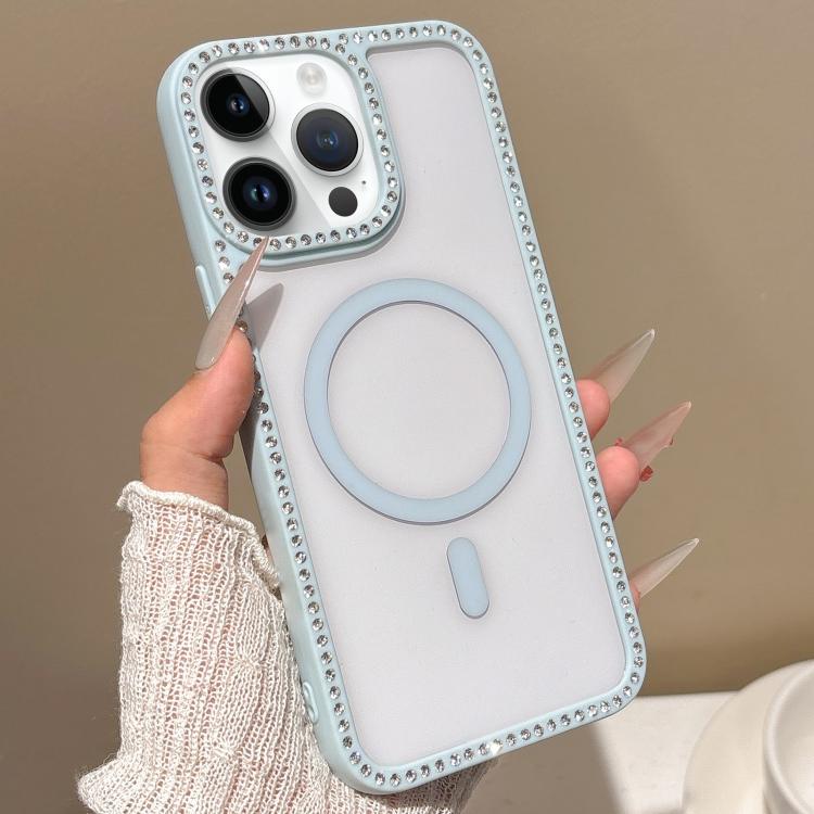 For iPhone 14 Pro Large Lens Hole Rhinestone Frame MagSafe Phone Case