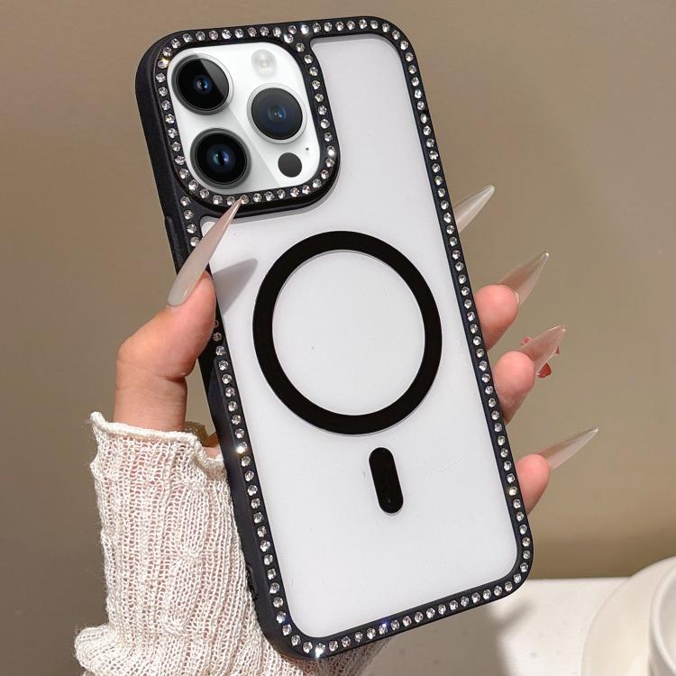 For iPhone 14 Pro Large Lens Hole Rhinestone Frame MagSafe Phone Case