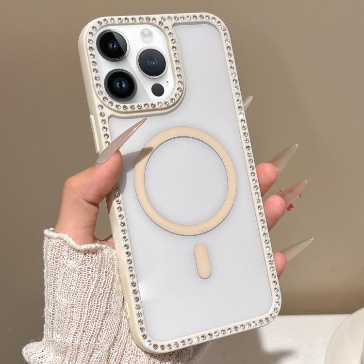 For iPhone 14 Pro Large Lens Hole Rhinestone Frame MagSafe Phone Case