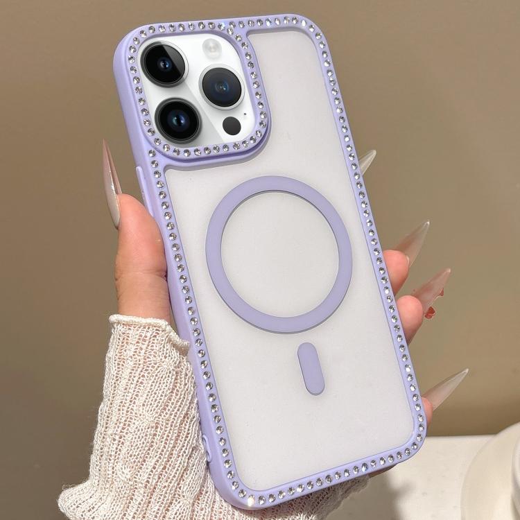 For iPhone 14 Pro Max Large Lens Hole Rhinestone Frame MagSafe Phone Case