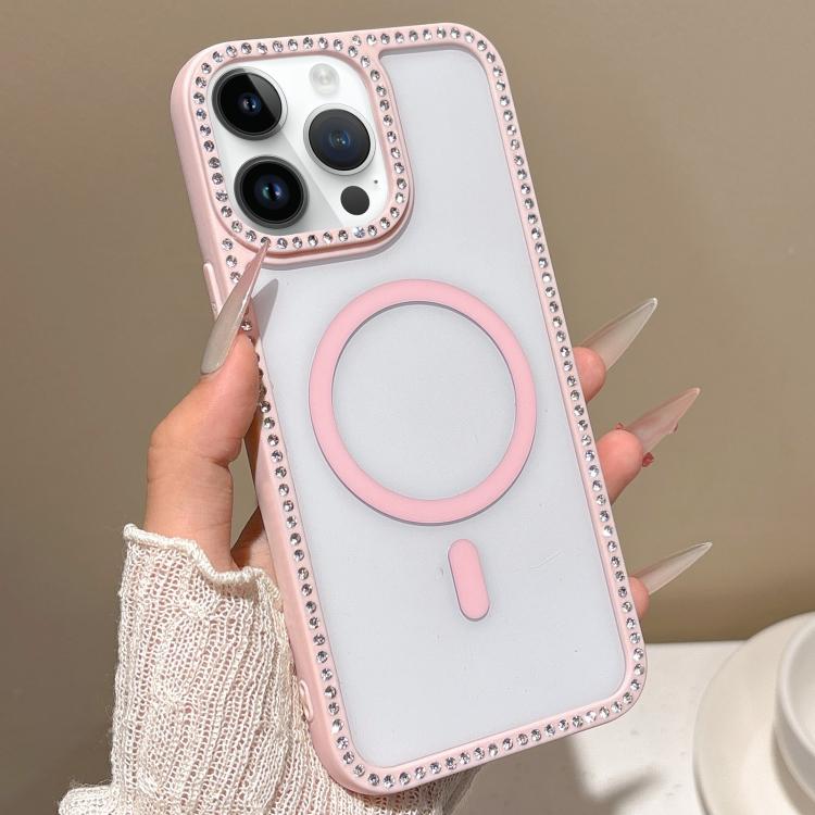 For iPhone 14 Pro Max Large Lens Hole Rhinestone Frame MagSafe Phone Case