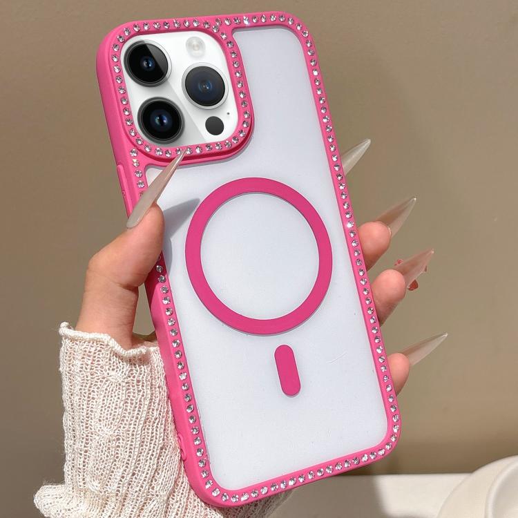 For iPhone 14 Pro Max Large Lens Hole Rhinestone Frame MagSafe Phone Case