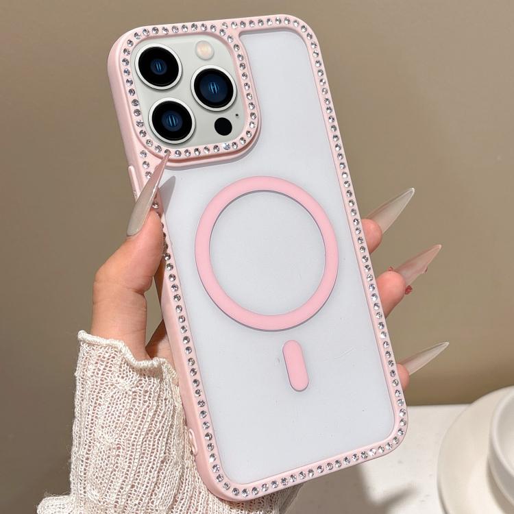For iPhone 12 Pro Max Large Lens Hole Rhinestone Frame MagSafe Phone Case