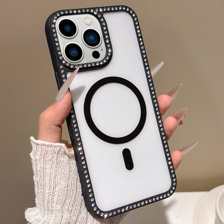 For iPhone 12 Pro Max Large Lens Hole Rhinestone Frame MagSafe Phone Case