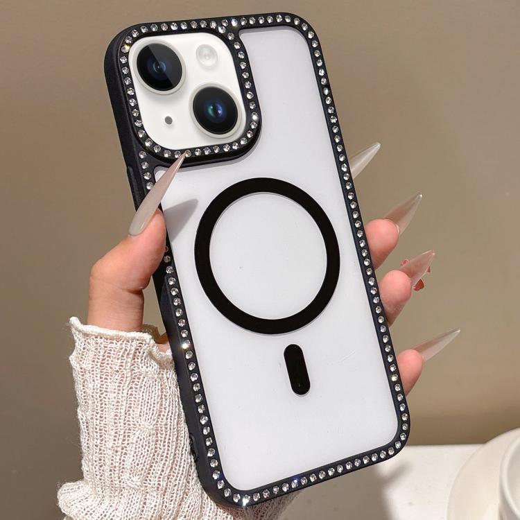 For iPhone 13 mini Large Lens Hole Rhinestone Frame MagSafe Phone Case