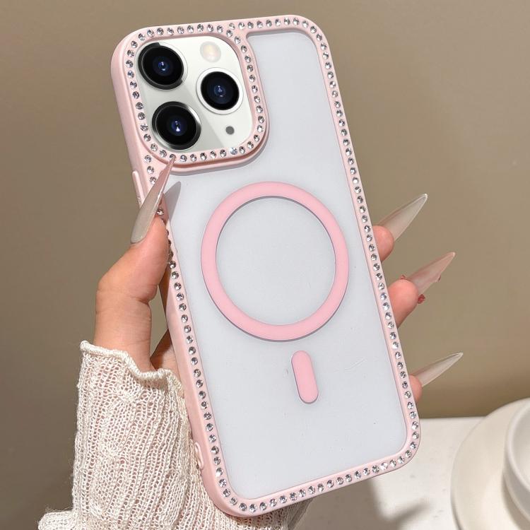 For iPhone 11 Pro Max Large Lens Hole Rhinestone Frame MagSafe Phone Case