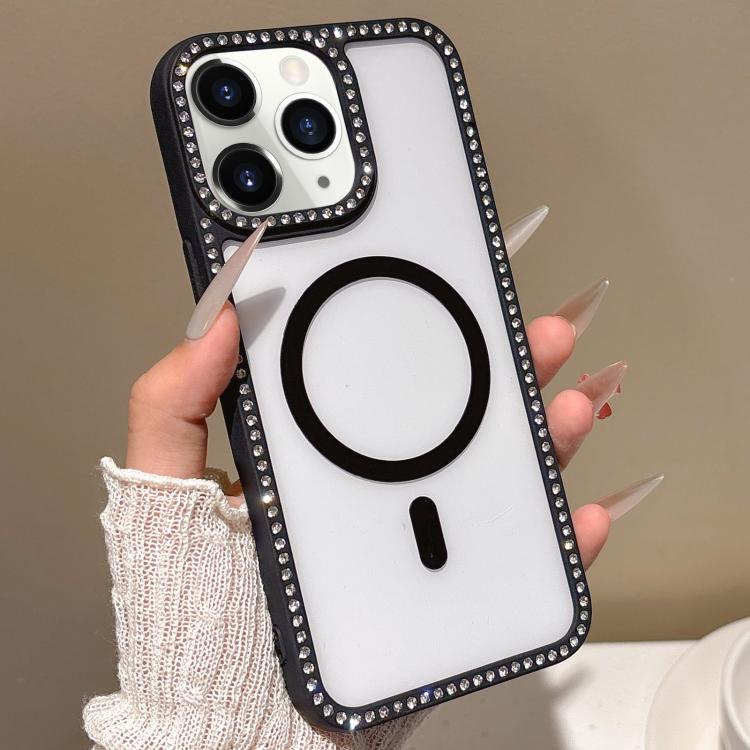 For iPhone 11 Pro Max Large Lens Hole Rhinestone Frame MagSafe Phone Case