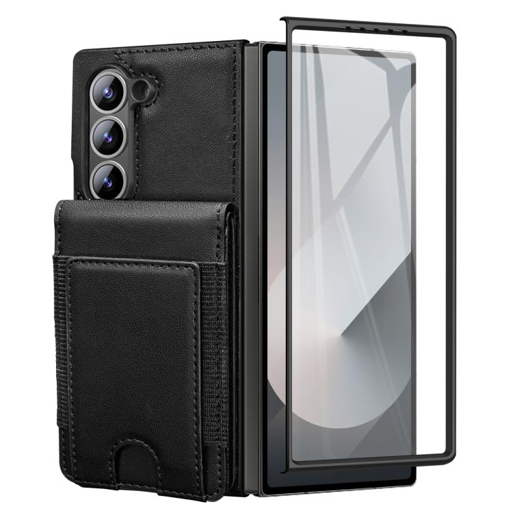 For Samsung Galaxy Z Fold5 Folding Card Holder Tempered Film Integrated Leather Phone Case