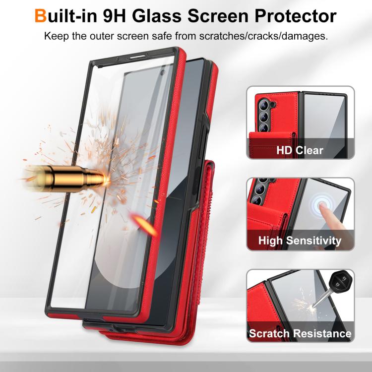For Samsung Galaxy Z Fold5 Folding Card Holder Tempered Film Integrated Leather Phone Case