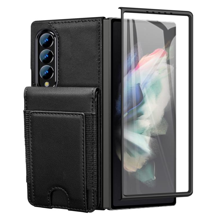 For Samsung Galaxy Z Fold4 Folding Card Holder Tempered Film Integrated Leather Phone Case
