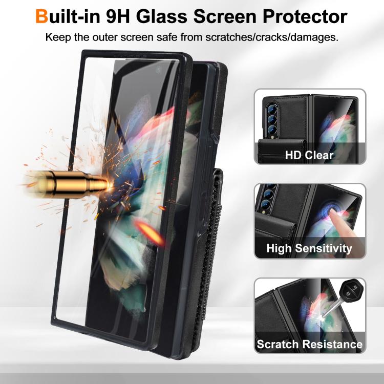 For Samsung Galaxy Z Fold4 Folding Card Holder Tempered Film Integrated Leather Phone Case