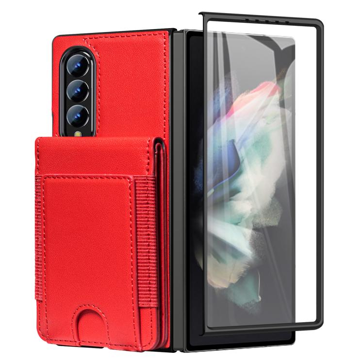 For Samsung Galaxy Z Fold4 Folding Card Holder Tempered Film Integrated Leather Phone Case