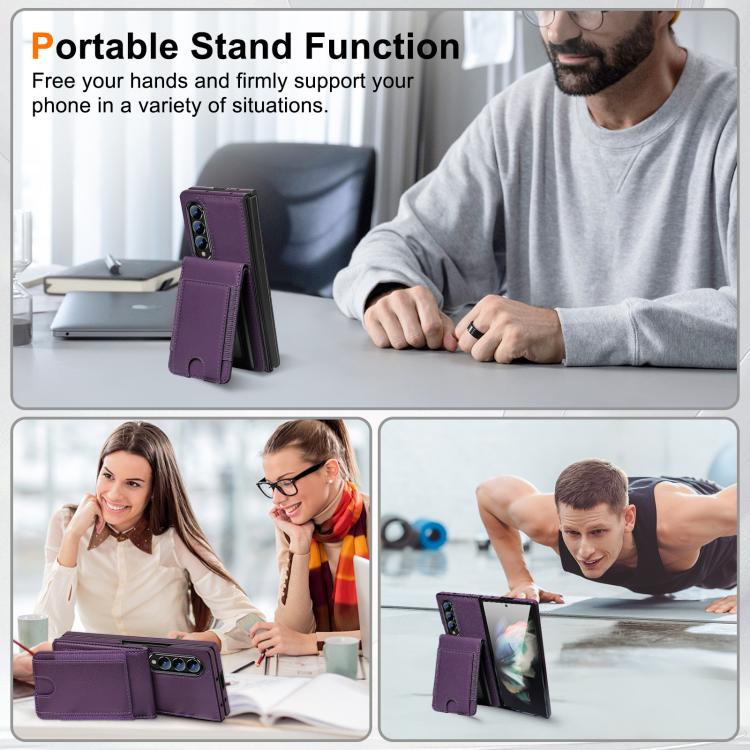For Samsung Galaxy Z Fold4 Folding Card Holder Tempered Film Integrated Leather Phone Case