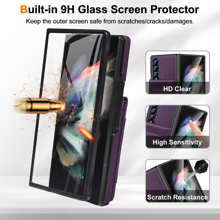 For Samsung Galaxy Z Fold4 Folding Card Holder Tempered Film Integrated Leather Phone Case