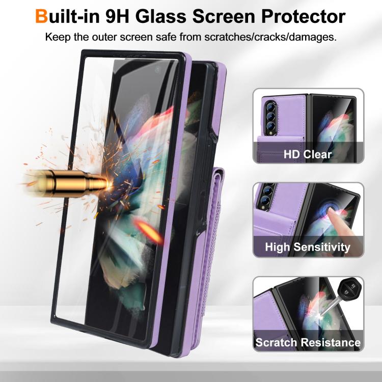 For Samsung Galaxy Z Fold4 Folding Card Holder Tempered Film Integrated Leather Phone Case