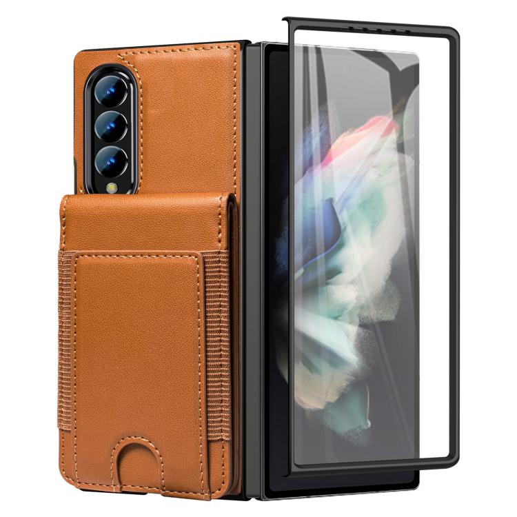 For Samsung Galaxy Z Fold4 Folding Card Holder Tempered Film Integrated Leather Phone Case