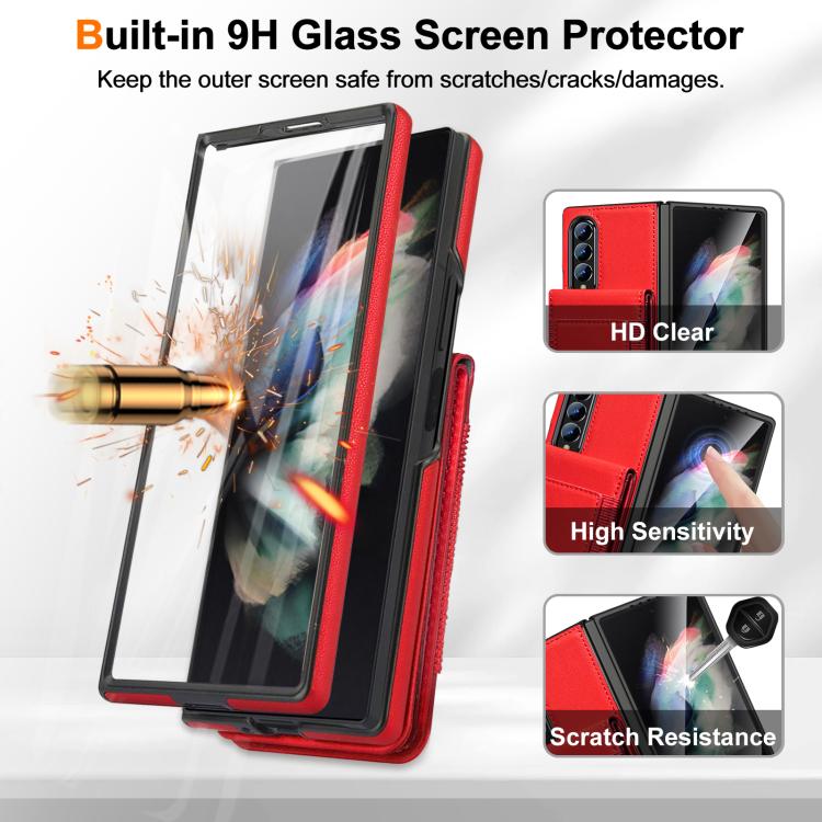 For Samsung Galaxy Z Fold3 Folding Card Holder Tempered Film Integrated Leather Phone Case