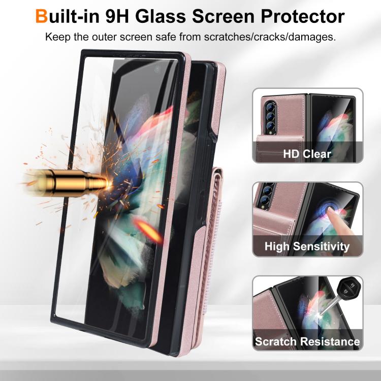 For Samsung Galaxy Z Fold3 Folding Card Holder Tempered Film Integrated Leather Phone Case