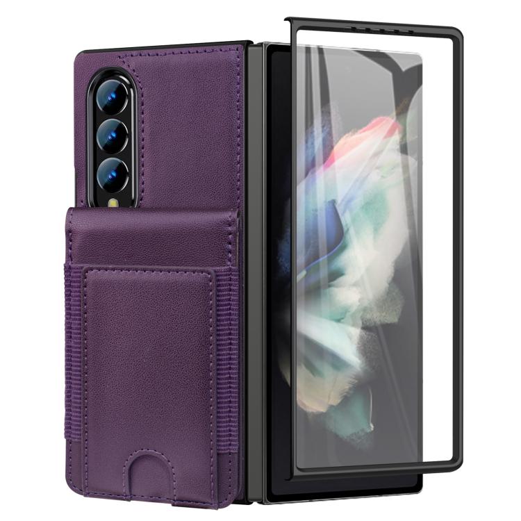 For Samsung Galaxy Z Fold3 Folding Card Holder Tempered Film Integrated Leather Phone Case