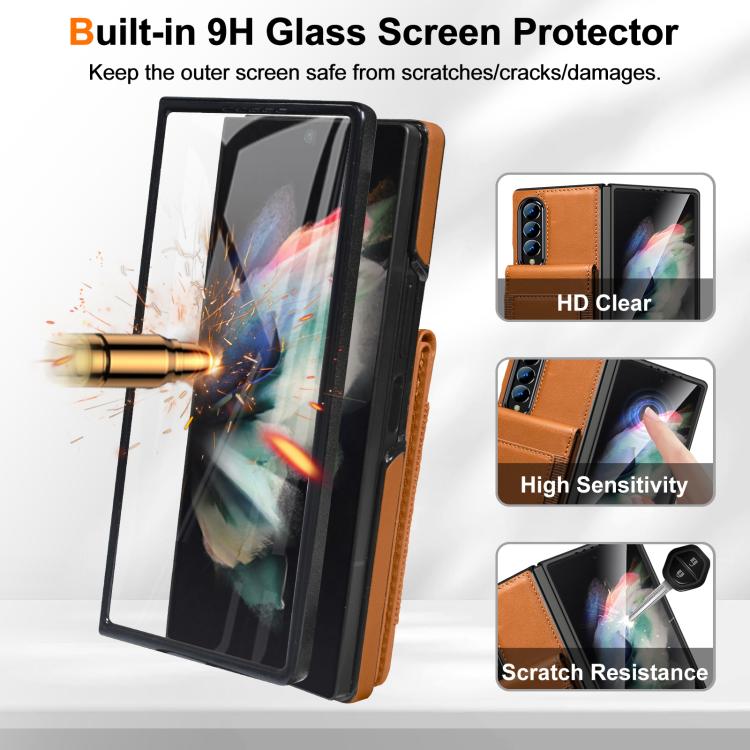 For Samsung Galaxy Z Fold3 Folding Card Holder Tempered Film Integrated Leather Phone Case
